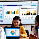 **Prompt:** A vibrant, dynamic scene of diverse Malaysian Gen Z students actively engaging with digital learning platforms on laptops and tablets. The image should visually represent concepts of gamification, with subtle overlays of achievement badges, progress bars, and a leaderboard. Floating around the students, integrate abstract elements of data analytics like glowing charts and graphs, symbolizing real-time learning insights and adaptive teaching. The atmosphere should feel highly interactive and energetic, highlighting the shift from passive viewing to active participation.