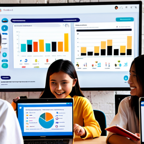 **Prompt:** A vibrant, dynamic scene of diverse Malaysian Gen Z students actively engaging with digital learning platforms on laptops and tablets. The image should visually represent concepts of gamification, with subtle overlays of achievement badges, progress bars, and a leaderboard. Floating around the students, integrate abstract elements of data analytics like glowing charts and graphs, symbolizing real-time learning insights and adaptive teaching. The atmosphere should feel highly interactive and energetic, highlighting the shift from passive viewing to active participation.