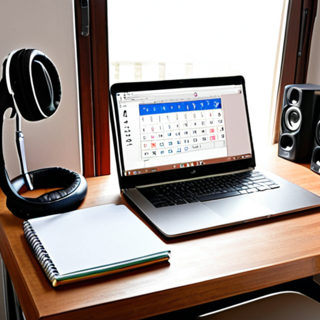 A cozy and organized study space at home in Malaysia. The desk features a laptop, ergonomic chair, noise-cancelling headphones, and minimal distractions. Soft instrumental music plays in the background. A Google Calendar app showing a detailed study schedule is visible on the laptop screen. The scene reflects a calm and focused learning atmosphere.