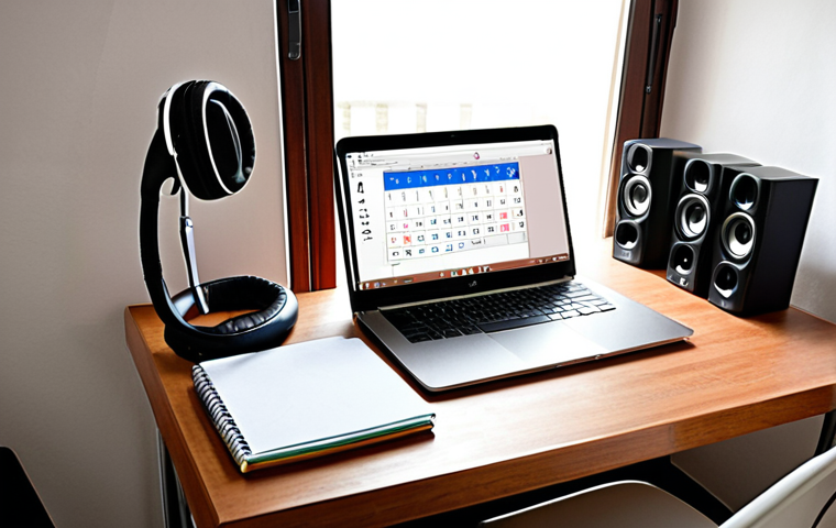 A cozy and organized study space at home in Malaysia. The desk features a laptop, ergonomic chair, noise-cancelling headphones, and minimal distractions. Soft instrumental music plays in the background. A Google Calendar app showing a detailed study schedule is visible on the laptop screen. The scene reflects a calm and focused learning atmosphere.